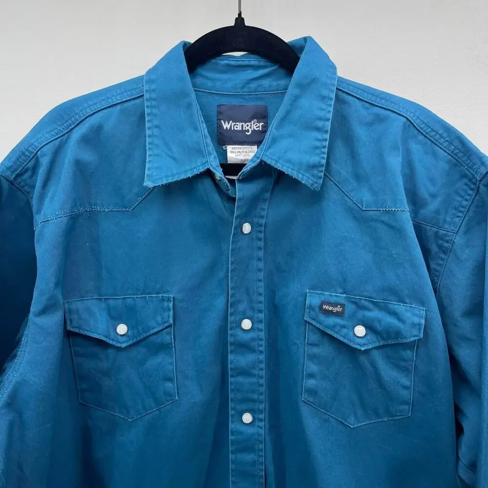 Vintage Wrangler Pearl Snap Western Shirt Mens 2XT Blue Heavy Cotton Brushpopper